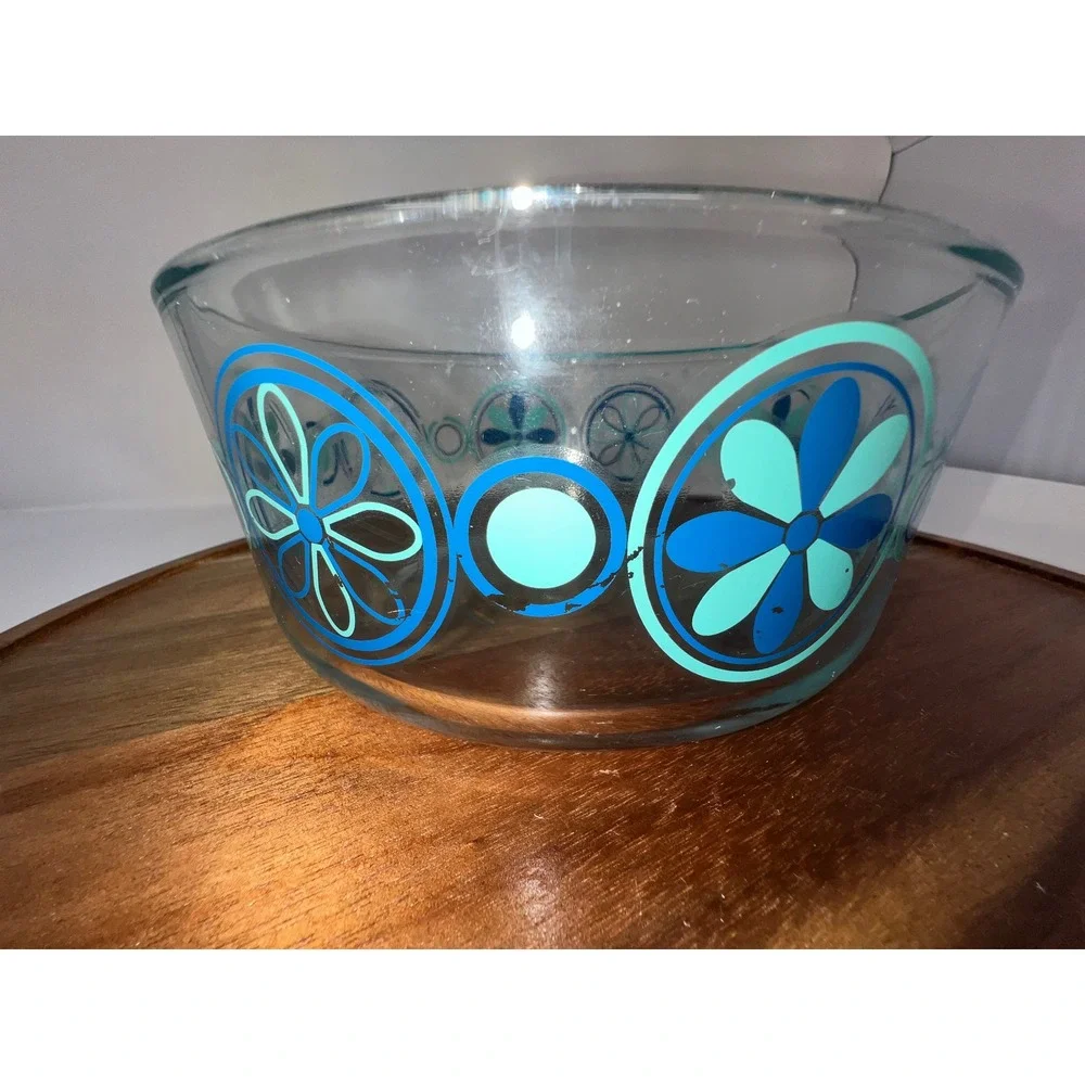Pyrex Blue Mod Flowers Glass Bowls Set of 2 Vintage Retro MCM Teal Cobalt